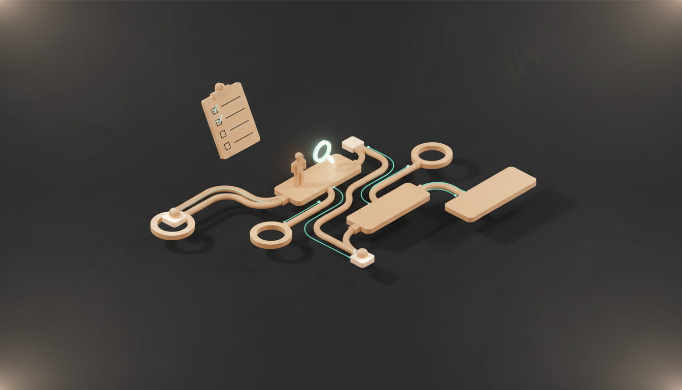 Editorial illustration of a business process assessment with workflow nodes, decision branches, and a human review checkpoint