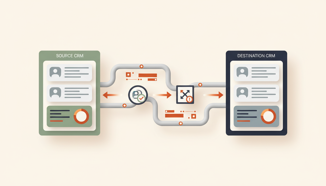 Two customer relationship management record systems connected through a workflow that maps fields, matches identities, and flags conflicts for review.