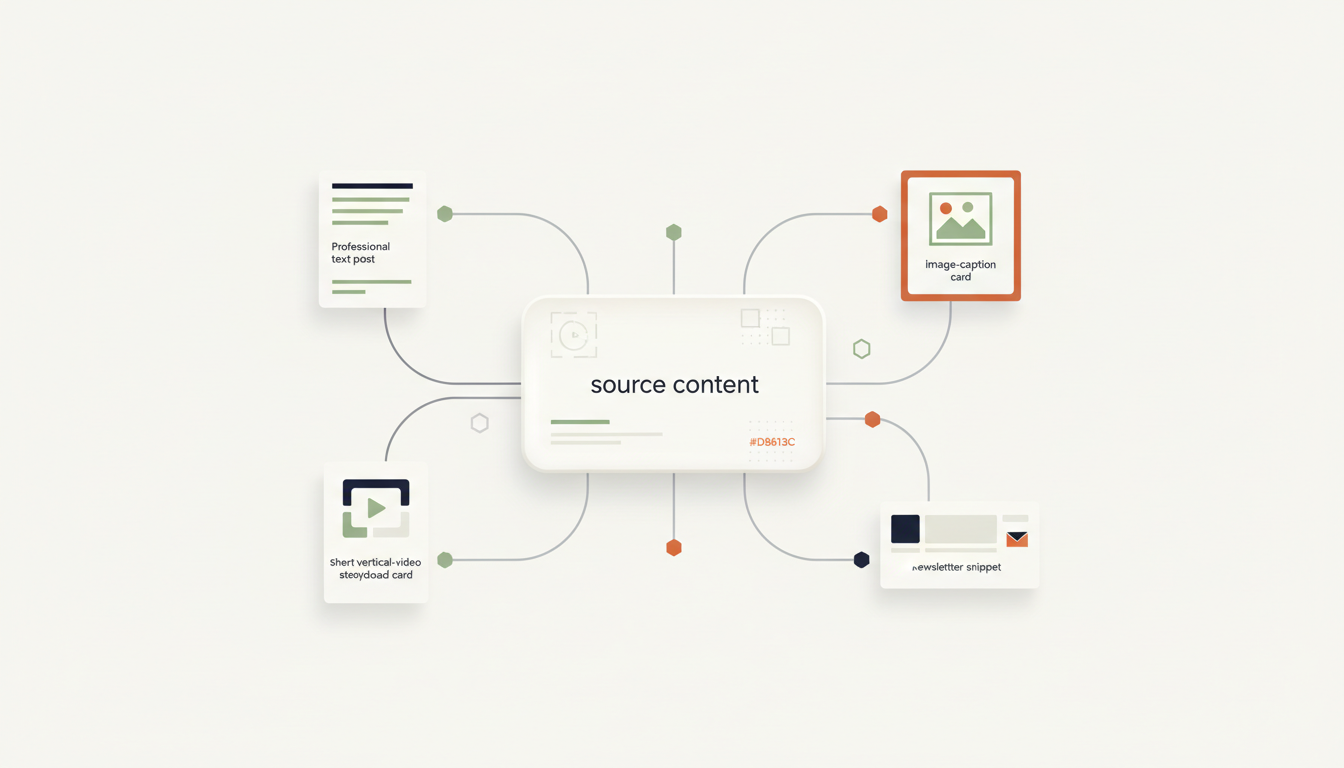 Illustration of one source content item being transformed into platform-specific posts through an automated workflow.