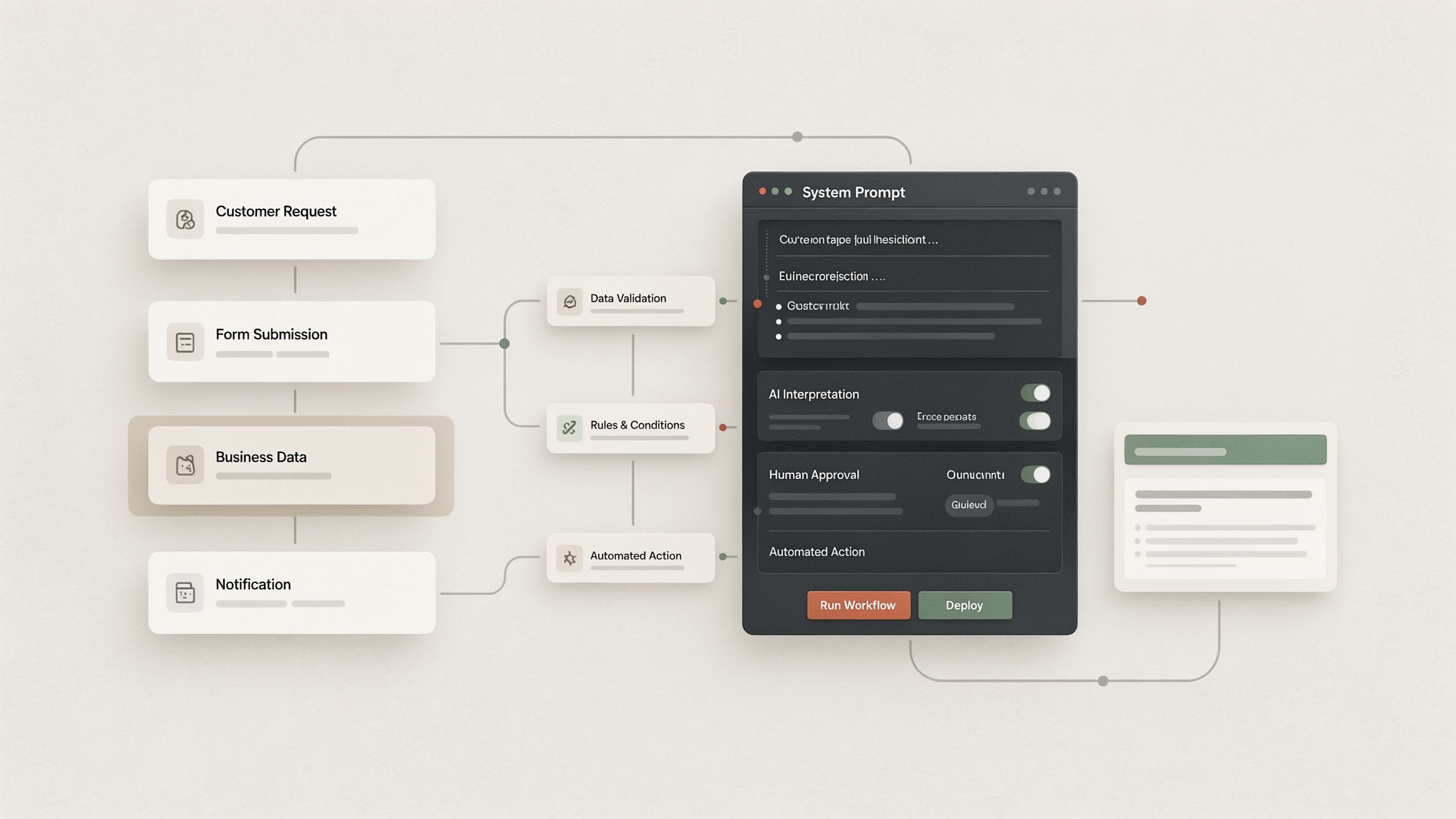 Business process transformed into a structured AI automation workflow with triggers, AI tasks, conditions, approvals, and automated actions