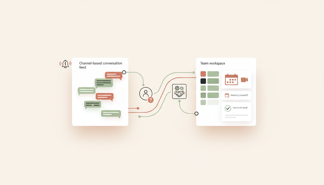 Editorial illustration of two team communication workspaces connected by an automation flow for alerts, human approvals, and handoffs.